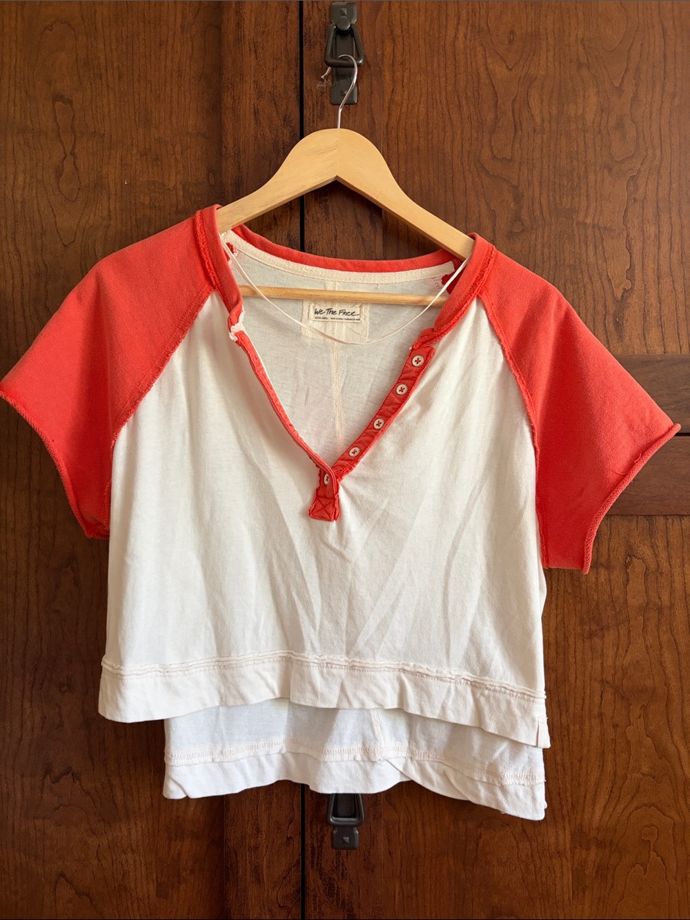 Free People White and Orange Raglan Cropped Henley
